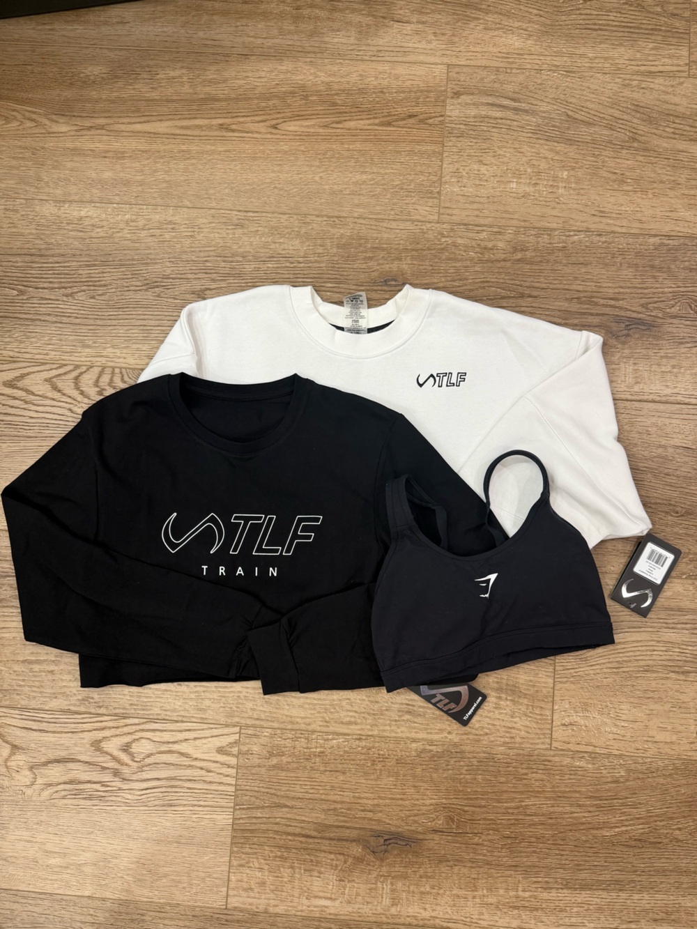 TLF Black Long Sleeve Tee & White Sweatshirt- Cropped, GymShark Sports Bra Set